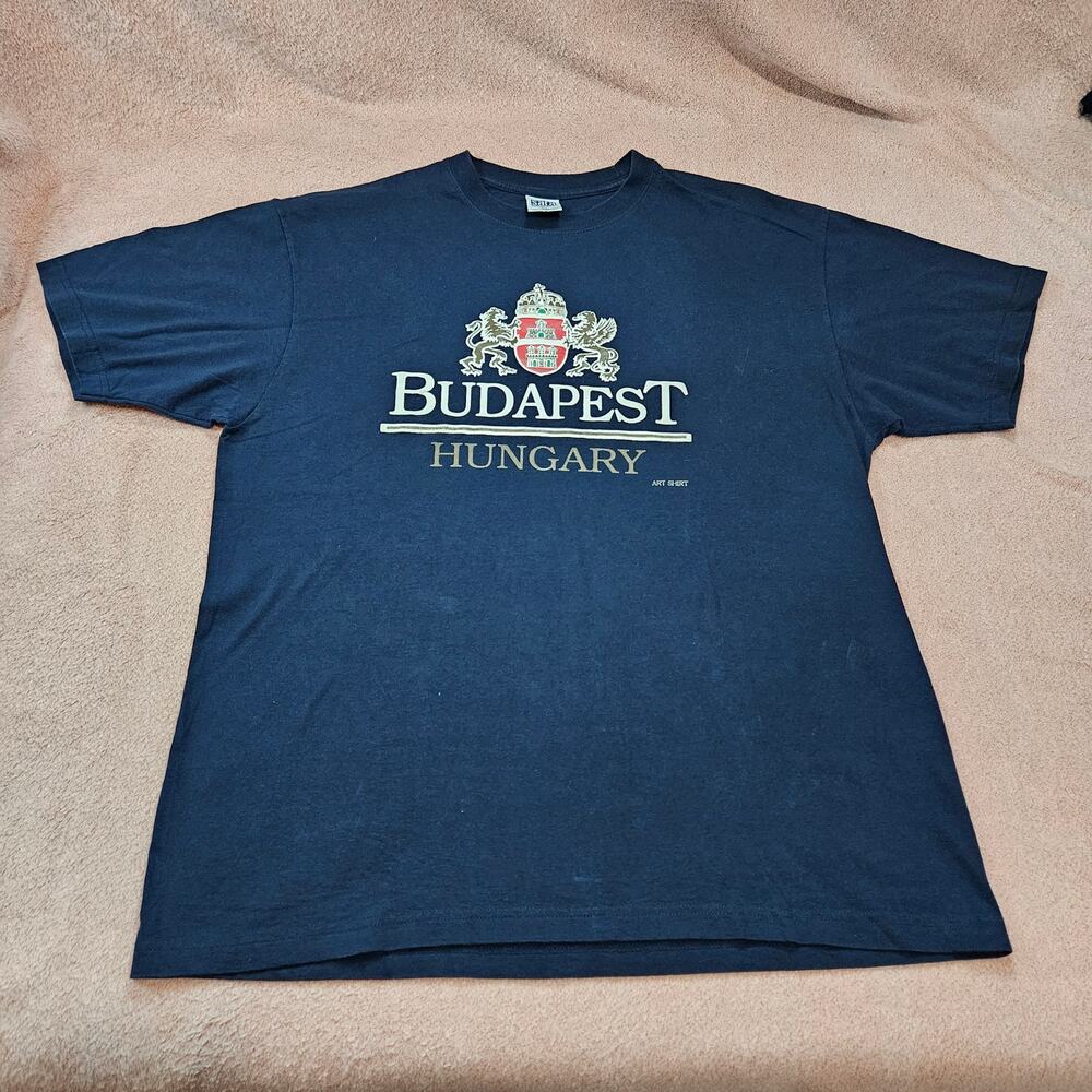 Vintage Sara Budapest Hungary Souvenir T-Shirt Navy Blue 100% Cotton
